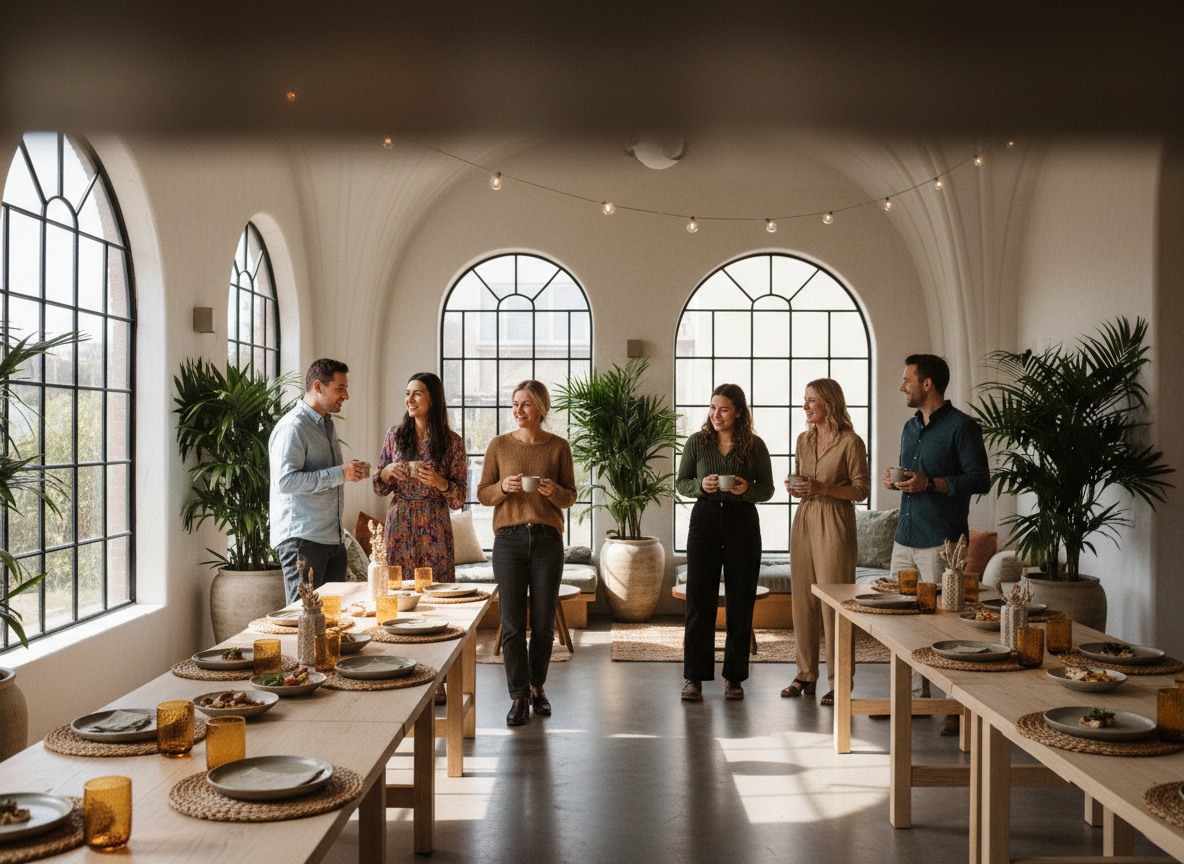 A welcoming modern event venue with styled tables and warm light