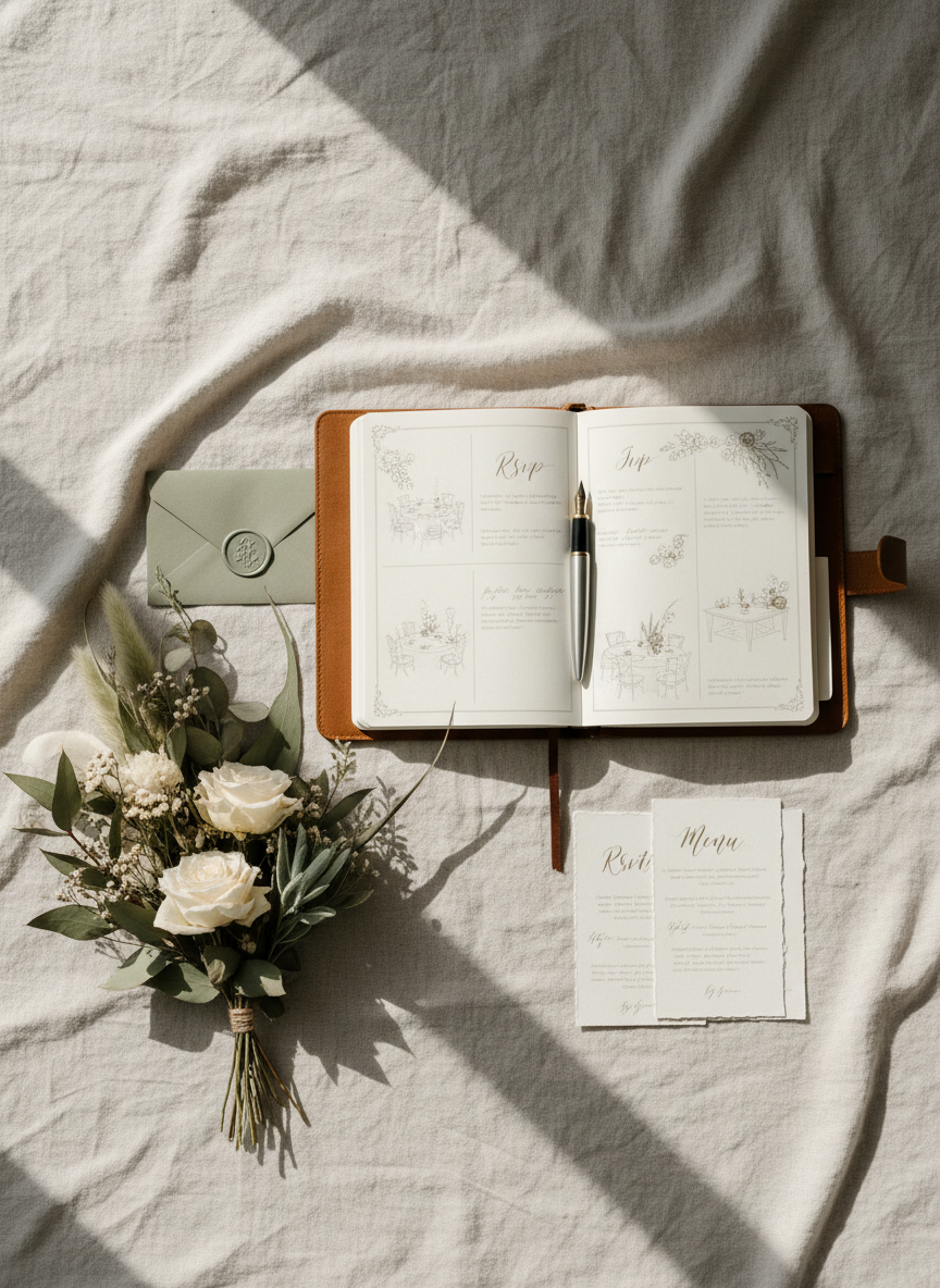 An open wedding planner with a fountain pen and dried flowers on linen