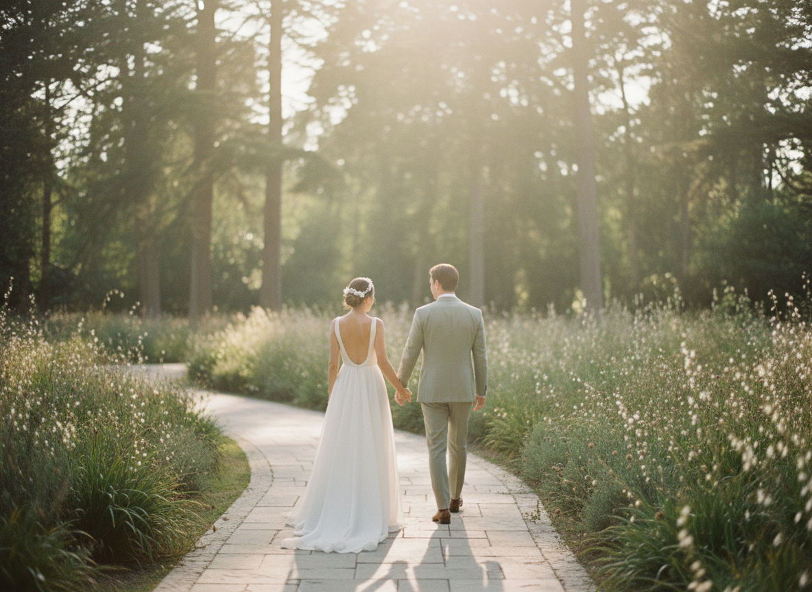 A couple walking hand in hand through a sunlit garden