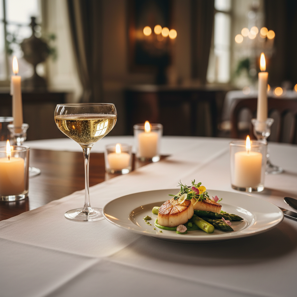 A plated dish and a coupe of champagne on a linen tablecloth by candlelight