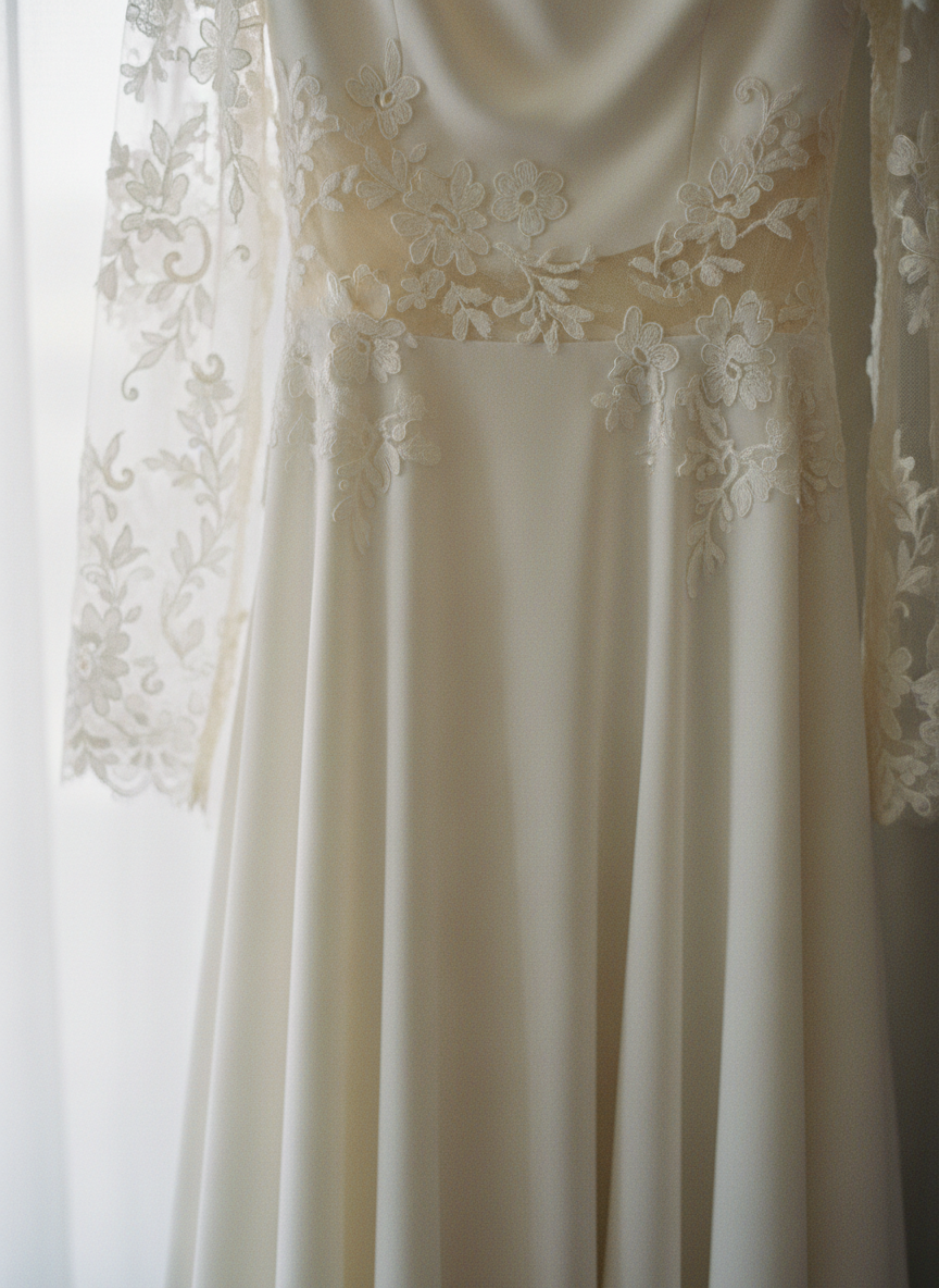 Close-up of delicate lace on a wedding dress