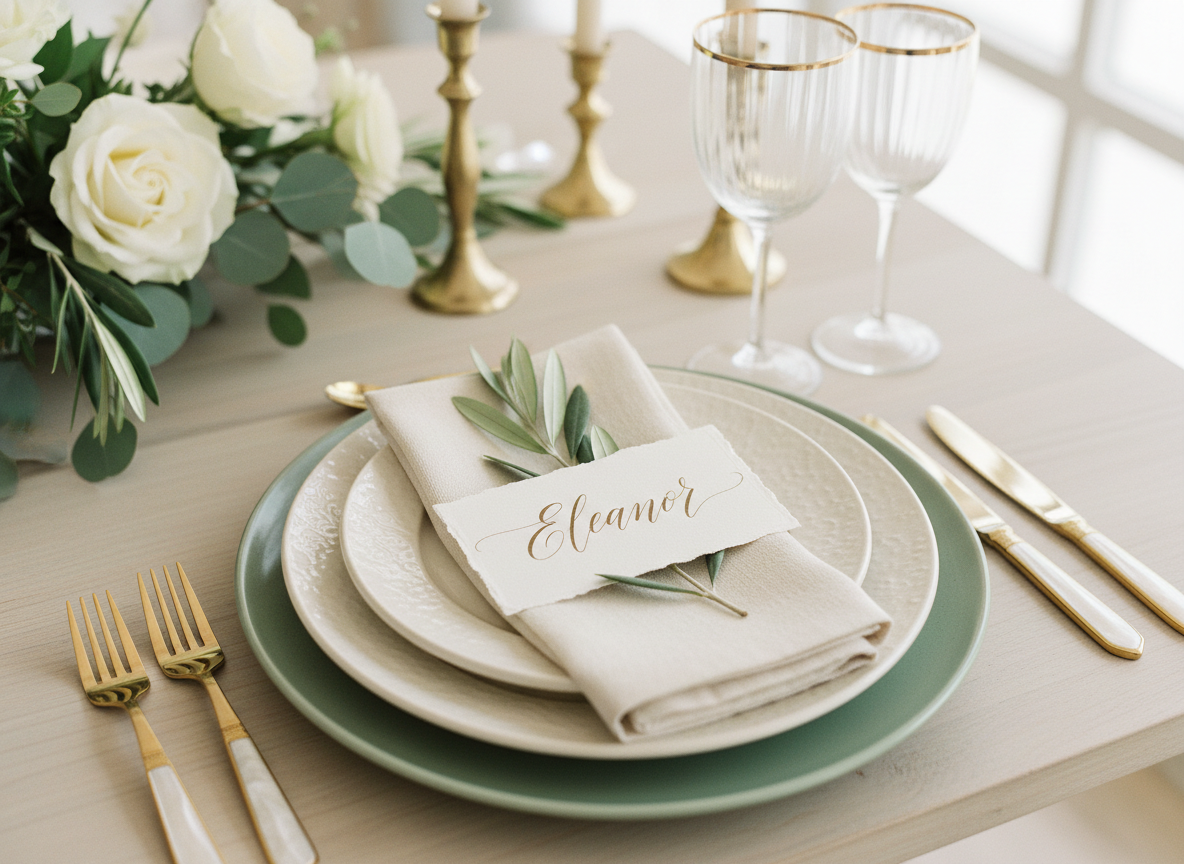 A wedding place setting with a calligraphy place card, linen napkin, and olive branch