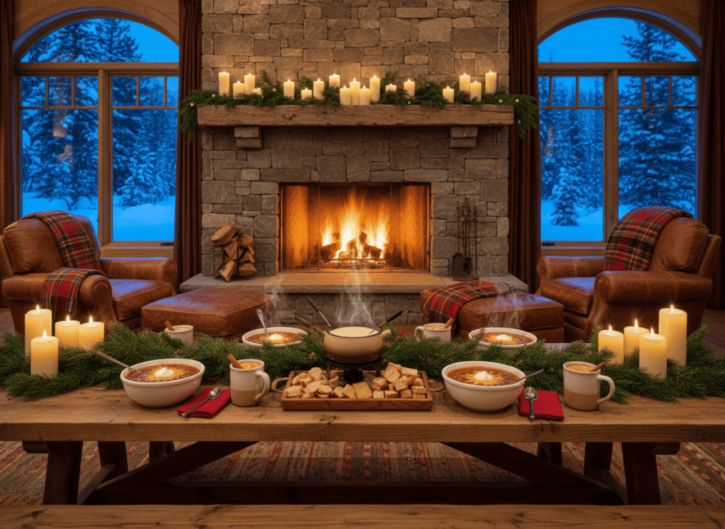 An après-ski lodge party setup with fondue, cider, s'mores, plaid blankets, and a glowing fireplace