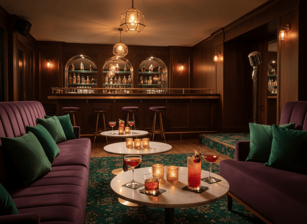 A candlelit speakeasy-style lounge with velvet seating, a brass bar, and cocktails set for a holiday party
