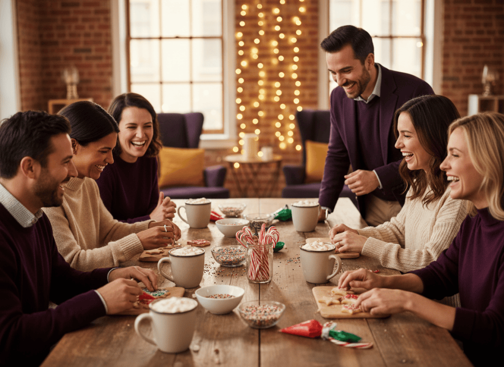 Coworkers laughing together at a cookie-decorating and hot cocoa station during an office holiday party
