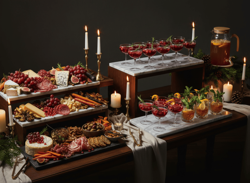 A holiday party food station with a grazing board, cranberry mocktails, cocktails, and spiced cider