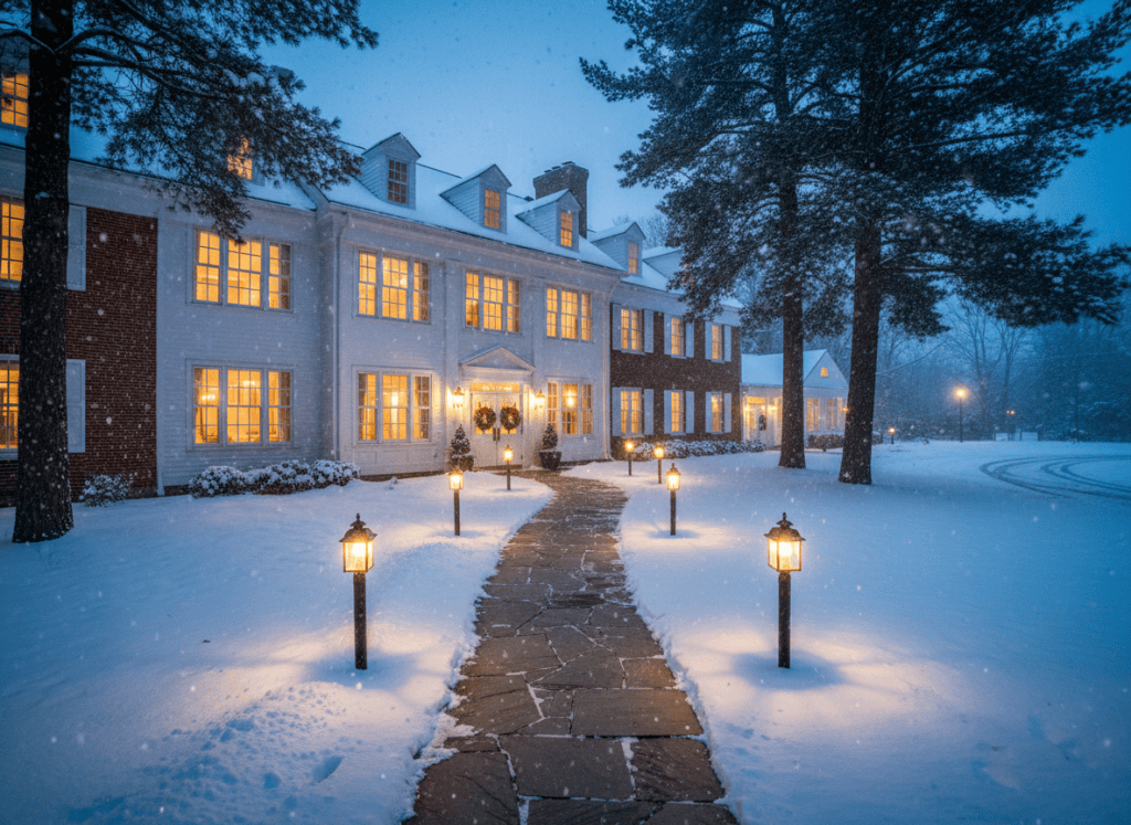 A New England event venue in winter with glowing windows, a shoveled lantern-lit walkway, and fresh snow