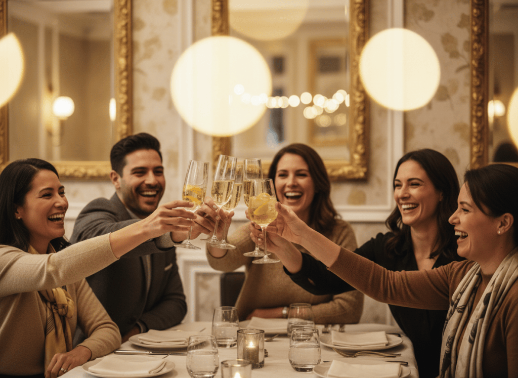Coworkers raising champagne and sparkling mocktails in a toast at a new year company celebration