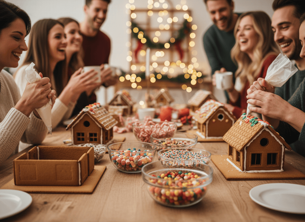 Coworkers decorating gingerbread houses with icing and candy during an office holiday party build-off