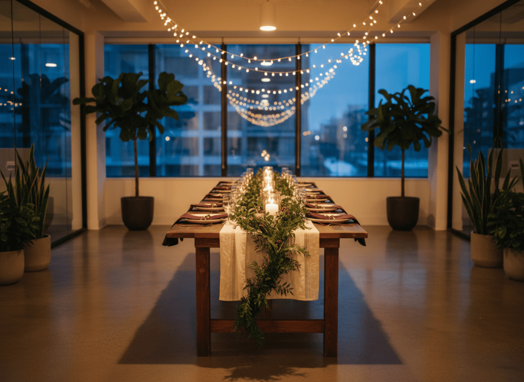 An office decorated for a work holiday party with a long table, evergreen garland, candles, and string lights