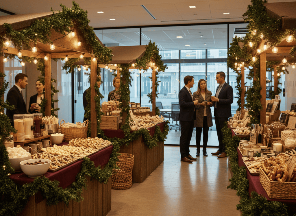 An indoor winter holiday market inside an office, with a hot cocoa bar, cookies, pretzels, and string lights